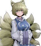  1girl animal_ear_fluff animal_ears bangs blonde_hair closed_mouth dress eyebrows_visible_through_hair fe_(tetsu) fox_ears fox_tail hands_in_opposite_sleeves long_sleeves looking_at_viewer multiple_tails short_hair simple_background solo tabard tail touhou upper_body white_background white_dress yakumo_ran yellow_eyes 