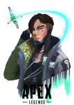  1boy absurdres apex_legends asian black_gloves black_hair black_shirt brown_eyes copyright_name cropped_torso crypto_(apex_legends) drone frown gloves glowing green_vest hack_(apex_legends) highres jacket jewelry logo male_focus necklace partially_fingerless_gloves reborns shirt solo upper_body vest white_background white_jacket 