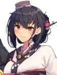  1girl black_hair blush closed_mouth hair_between_eyes headgear himeyamato japanese_clothes kantai_collection kimono long_hair long_sleeves nagato_(kancolle) obi official_alternate_costume red_eyes sash simple_background solo upper_body white_background white_kimono wide_sleeves 