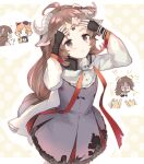  ^^^ ahoge animal animal_ear_fluff animal_ears arknights arms_up bangs black_gloves blue_headwear brown_eyes brown_hair cat cat_ears cattail chibi dress eyebrows_visible_through_hair eyjafjalla_(arknights) facial_mark fingerless_gloves forehead_mark gloves grey_dress hands_on_own_head hat heart holding horns long_hair long_sleeves mini_hat mousse_(arknights) outline parted_bangs plant polka_dot polka_dot_background shirt speed_lines toufu_mentaru_zabuton turn_pale very_long_hair white_outline white_shirt 
