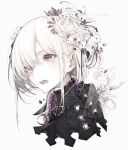  1girl absurdres bangs blush crescent cropped_shoulders crown flower hair_over_one_eye highres hito_komoru long_hair looking_ahead mini_crown mouse mouse_on_head open_mouth original petals simple_background solo updo upper_body violet_eyes white_background white_hair 
