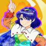  1girl blue_eyes blue_hair blush breasts cape cloak closed_mouth cloud_print dress eyebrows_visible_through_hair long_sleeves multicolored_clothes multicolored_dress multicolored_hairband patchwork_clothes pointing pointing_up rainbow_gradient red_button retora_26 short_hair sky_print small_breasts smile tenkyuu_chimata touhou two-sided_cape two-sided_fabric upper_body v-shaped_eyebrows white_cape white_cloak zipper zipper_pull_tab 