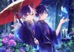  2boys black_hair brothers bug butterfly flower hat highres hydrangea japanese_clothes looking_at_viewer looking_away mini_hat multicolored_hair multiple_boys original pale_skin rain red_eyes siblings smo614 top_hat tree twins umbrella white_hair 