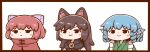  3girls animal_ear_fluff animal_ears bangs blue_hair bow brooch brown_hair chibi grass_root_youkai_network green_kimono hair_bow head_fins high_collar imaizumi_kagerou japanese_clothes jewelry kimono long_hair multiple_girls poronegi purple_bow redhead ringlets sekibanki short_hair simple_background smile touhou upper_body wakasagihime white_background wolf_ears 