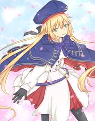  1girl artoria_pendragon_(caster)_(fate) artoria_pendragon_(fate) bangs black_gloves black_legwear blonde_hair bow bowtie breasts cloak clouds dusk eyebrows_behind_hair eyebrows_visible_through_hair fate/grand_order fate_(series) from_below gloves green_eyes hair_between_eyes hat highres kufa-san long_hair lwmlwm1234 ponytail ribbon sky solo thigh-highs 