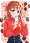  1girl ayuko_(ayuko54bornthisway) blush box brown_eyes brown_hair earrings hair_twirling heart heart_earrings holding holding_box jewelry long_hair long_sleeves misaka_mikoto red_sweater ribbed_sweater shiny shiny_hair solo sparkle standing sweater toaru_kagaku_no_railgun toaru_majutsu_no_index 