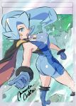  1girl ass bangs blue_eyes blue_footwear bodysuit boots breasts cape clair_(pokemon) commentary_request earrings gloves highres jewelry kneepits light_blue_hair long_hair momotanomiya open_mouth pointing pokemon pokemon_(game) pokemon_hgss ponytail solo standing teeth tied_hair tongue upper_teeth 