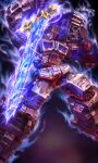  decepticon glowing glowing_eyes highres holding holding_sword holding_weapon mecha nemesis_prime no_humans open_hand science_fiction solo sword transformers twitter_username uungunover violet_eyes weapon 