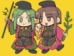  +_+ 2girls arms_up bamboo bangs blush boned-woo boots bow bowtie brown_eyes brown_hair chibi closed_mouth eyebrows_visible_through_hair full_body green_eyes green_hair green_pants green_shirt grey_footwear grey_headwear grey_vest hands_up hat highres leg_up long_sleeves looking_at_another multiple_girls nishida_satono open_mouth pants pink_pants pink_shirt plant shirt short_hair short_hair_with_long_locks simple_background smile standing standing_on_one_leg star_(symbol) tabard teireida_mai touhou vest wide_sleeves yellow_background yellow_bow yellow_bowtie 