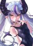  1girl arm_behind_back bangs bare_shoulders blue_swimsuit blush breasts demon_horns eyebrows_visible_through_hair finger_to_mouth hair_between_eyes hand_up highres hololive horns la+_darknesss long_hair looking_at_viewer maid_headdress misekiss multicolored_hair one-piece_swimsuit pointy_ears purple_hair silver_hair simple_background small_breasts solo streaked_hair swimsuit virtual_youtuber white_background yellow_eyes 