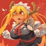  1girl apron ascot black_apron bra_visible_through_clothes clenched_hands dragon_girl dragon_horns fangs gloves highres horns khyle. kobayashi-san_chi_no_maidragon maid maid_apron maid_headdress orange_eyes puffy_sleeves red_ascot red_background sharp_teeth teeth tohru_(maidragon) white_gloves 
