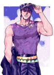  1boy adjusting_clothes adjusting_headwear annoyed belt black_hair closed_eyes hat highres holding holding_clothes holding_jacket jacket jacket_removed jojo_no_kimyou_na_bouken kujo_jotaro male_focus multiple_belts nitako pink_shirt shirt solo tank_top triangle_print 