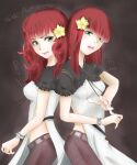  2girls belt breasts chitchi closed_mouth devola flower green_eyes hair_flower hair_ornament holding_hands long_hair looking_at_viewer medium_breasts multiple_girls nier_(series) nier_automata open_mouth popola red_hair siblings simple_background sisters smile twins 