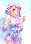  1girl :d absurdres bangs blue_bow blush bow cowboy_shot curecycadura hair_ornament hairclip hanadera_nodoka healin&#039;_good_precure highres miniskirt pink_hair pink_skirt precure rabirin_(precure) shiny shiny_hair shirt short_hair skirt sleeves_rolled_up smile solo standing swept_bangs violet_eyes white_shirt 