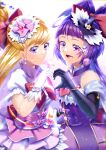  2girls :d absurdres backlighting bangs black_gloves black_headwear blonde_hair blunt_bangs bow closed_mouth cure_magical cure_miracle curecycadura elbow_gloves eyebrows_visible_through_hair gloves hair_bow hair_ornament hat heart heart_hands heart_hands_duo highres long_hair mahou_girls_precure! mini_hat multiple_girls pink_eyes pink_headwear precure purple_hair red_bow shiny shiny_hair shirt short_sleeves simple_background skirt smile standing star_(symbol) star_hair_ornament underbust violet_eyes white_background white_gloves white_shirt white_skirt witch_hat 