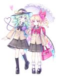  2girls :d alternate_costume backpack bag bangs black_bow black_bowtie black_footwear black_headwear black_legwear black_skirt blonde_hair bow bowtie brown_jacket buttons eyebrows_visible_through_hair flandre_scarlet full_body green_eyes green_hair hair_bow hair_ribbon heart heart_of_string holding holding_bag holding_umbrella jacket kneehighs komeiji_koishi long_sleeves looking_at_another miy_001 multiple_girls one_side_up open_mouth pleated_skirt red_bow red_bowtie red_eyes red_ribbon ribbon school_uniform short_hair simple_background skirt smile standing third_eye touhou umbrella white_background white_legwear white_umbrella yellow_bow 