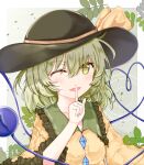  1girl bangs blake_chun blouse border bow collar collared_blouse crystal eyebrows_visible_through_hair eyes_visible_through_hair frills green_background green_eyes green_hair grey_headwear hair_between_eyes hand_up hat hat_bow heart heart_in_eye highres jewelry komeiji_koishi leaf long_sleeves looking_at_viewer one_eye_closed open_mouth pink_heart pointing short_hair smile solo symbol_in_eye third_eye touhou white_border wide_sleeves yellow_blouse yellow_bow 