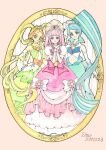  3girls artist_name blonde_hair blue_dress blue_eyes blue_hair bow chieri_(go!_princess_precure) closed_mouth dated dress dress_bow earrings gloves go!_princess_precure hair_ornament hair_ribbon hair_rings hand_on_another&#039;s_shoulder jewelry layered_dress long_hair looking_at_viewer magical_girl multicolored_hair multiple_girls navel orange_hair own_hands_clasped own_hands_together pink_background pink_bow pink_dress pink_eyes pink_hair popped_collar precure previous_cure_flora previous_cure_mermaid previous_cure_twinkle puffy_sleeves ribbon sayococco sei_(go!_princess_precure) signature smile standing star_(symbol) star_earrings streaked_hair traditional_media twintails two-tone_hair waist_bow waist_brooch white_bow white_gloves yellow_eyes yura_(go!_princess_precure) 