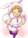  :d ;d animal_costume blonde_hair blush bunny_costume buttons character_request check_character check_copyright copyright_request gloves green_eyes gretel_(sinoalice) hood hood_up lowres menokonome one_eye_closed pink_gloves sinoalice smile thigh-highs 