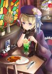  1girl alternate_costume azur_lane beret black_gloves blonde_hair curry curry_rice eyebrows_visible_through_hair food fur_trim gloves gloves_removed hat highres indoors japanese_clothes kimono looking_at_viewer manjirou_(manji_illust) meowfficer_(azur_lane) pillow plant potted_plant pov_dating purple_headwear purple_kimono rice short_hair sitting solo spoon violet_eyes wide_sleeves z23_(azur_lane) 