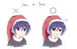  1girl absurdres bangs circle closed_mouth commeowdore cross doremy_sweet dress english_text eyebrows_visible_through_hair grey_dress hair_between_eyes hat highres looking_at_viewer open_mouth pom_pom_(clothes) purple_hair red_headwear short_hair short_sleeves simple_background smile smug solo touhou upper_body violet_eyes white_background 