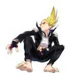  1boy barefoot blonde_hair boku_no_hero_academia clothes_lift costume crested_hair epaulettes facial_hair feet fingerless_gloves from_below glass_floor gloves hair_up hand_on_own_stomach headphones headphones_around_neck jacket long_hair male_focus mustache open_fly present_mic shirt_lift soles solo stomach studded_jacket sunglasses tinted_eyewear toes ura_musi 