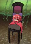  1girl bangs bow brick_floor chair cloak damiwi disembodied_head eyebrows_visible_through_hair hair_bow highres looking_at_viewer outdoors plant purple_bow red_eyes redhead sekibanki short_hair solo touhou 