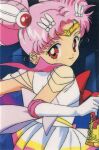  1990s_(style) 1girl bangs bishoujo_senshi_sailor_moon chibi_usa double_bun elbow_gloves eyebrows_visible_through_hair gloves hair_ornament leotard long_hair looking_at_viewer magical_girl miniskirt official_art pink_hair pleated_skirt red_eyes retro_artstyle sailor_chibi_moon sailor_senshi skirt smile solo tiara twintails 