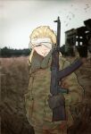  1girl bandage_over_one_eye bird blonde_hair blurry blurry_foreground brown_gloves building camouflage camouflage_coat camouflage_jacket cigarette closed_mouth coat gloves grass green_eyes grey_sky gun highres holding holding_gun holding_weapon in_mouth jacket light_machine_gun long_hair long_sleeves military military_coat military_uniform original outdoors photo_background rpk russia smoking tree uniform van_duck_iii weapon 