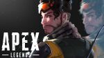  1boy absurdres apex_legends black_background bodysuit brown_eyes brown_hair brown_scarf copyright_name facial_hair from_behind goatee goggles goggles_on_head hair_behind_ear highres hologram logo looking_back male_focus mirage_(apex_legends) reborns scarf smile solo yellow_bodysuit 