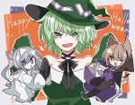  3girls :d ;d adapted_costume alternate_headwear bare_shoulders cape collarbone dagasitotaiyou dress eyebrows_visible_through_hair eyes_visible_through_hair fang ghost_costume green_dress halloween halloween_costume hat looking_at_viewer mononobe_no_futo multiple_girls ofuda one_eye_closed simple_background smile soga_no_tojiko teeth touhou toyosatomimi_no_miko triangular_headpiece witch_hat yellow_eyes 