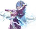  1girl bangs belt blue_hair bodysuit breasts cowboy_shot eyebrows_visible_through_hair ffffcoffee gloves ice kula_diamond long_hair looking_at_viewer medium_breasts the_king_of_fighters the_king_of_fighters_xv violet_eyes white_background 