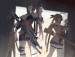  3girls adapted_costume alternate_eye_color antenna_hair bare_shoulders battle_rifle breasts brown_hair commentary english_commentary eyebrows_visible_through_hair girls_frontline glowing glowing_eyes gradient_hair green_eyes grin gun long_hair m14 m14_(girls&#039;_frontline) medium_breasts multicolored_hair multiple_girls multiple_persona off_shoulder orange_eyes pleated_skirt rifle sidelocks skindentation skirt smile thigh-highs tied_hair twintails very_long_hair warashi weapon 
