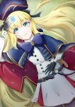  1girl artoria_pendragon_(caster)_(fate) artoria_pendragon_(fate) bangs black_gloves black_legwear blonde_hair bow bowtie breasts cloak clouds dusk eyebrows_behind_hair eyebrows_visible_through_hair fate/grand_order fate_(series) from_below gloves green_eyes hair_between_eyes hat highres long_hair ponytail reina95379337 ribbon solo thigh-highs 