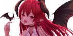 1girl adapted_costume bangs bare_shoulders bat bat_wings choker hair_between_eyes hand_up head_wings ju-ok koakuma long_hair looking_at_viewer nail_polish open_mouth pointy_ears red_eyes redhead slit_pupils solo tongue tongue_out touhou white_background wing_collar wings 