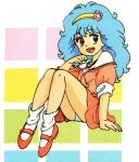  1980s_(style) 1girl bangs blue_eyes blue_hair full_body hairband light_blue_hair long_hair lowres mahou_no_yousei_persia mary_janes miniskirt non-web_source official_art open_mouth panties pantyshot persia_(mahou_no_yousei_persia) pink_footwear pink_skirt retro_artstyle shoes short_sleeves skirt solo underwear white_panties 