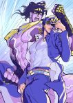  2boys adjusting_clothes adjusting_headwear black_hair blue_hair colored_skin fingerless_gloves gakuran gloves hat highres jojo_no_kimyou_na_bouken kujo_jotaro long_coat long_hair male_focus multiple_boys nitako purple_skin school_uniform stand_(jojo) star_platinum 