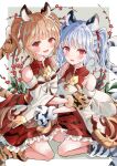  2girls animal_ears animal_hands animal_print bai_(granblue_fantasy) blonde_hair blush cidala_(granblue_fantasy) detached_sleeves eyebrows_visible_through_hair fur_trim gloves granblue_fantasy grin highres huang_(granblue_fantasy) medium_hair minausa multiple_girls paw_gloves red_eyes siblings single_glove smile tail tiger_ears tiger_girl tiger_print tiger_tail twins yellow_eyes 