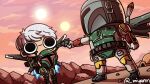  1boy 1girl apex_legends black_eyes boba_fett cape chibi clenched_hand commission crossover english_commentary floating green_cape grey_hair gun helmet holding holding_gun holding_helmet holding_weapon jetpack looking_to_the_side miyan_(oceanmaiden) mountain star_wars tatooine v-shaped_eyebrows valkyrie_(apex_legends) weapon 