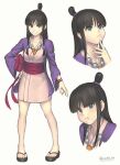  1girl ace_attorney bangs black_hair blue_eyes blunt_bangs breasts english_commentary full_body gofelem hair_ornament half_updo highres japanese_clothes jewelry kimono long_hair looking_at_viewer maya_fey necklace smile solo standing 