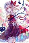  1girl absurdres arm_ribbon ascot bangs blonde_hair bow closed_mouth crystal eyebrows_visible_through_hair flandre_scarlet flower frilled_skirt frills hat highres holding laevatein_(touhou) looking_at_viewer mob_cap one_side_up red_bow red_eyes red_flower red_rose red_skirt red_vest ribbon rose shirt skirt solo standing suzushina touhou vest white_headwear white_shirt wings yellow_ascot 