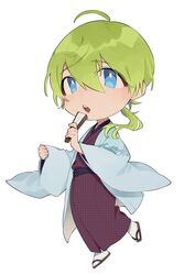  1boy :o absurdres arata_(user_jjxc7843) blue_eyes blue_jacket blush chibi eyebrows_visible_through_hair hand_fan highres holding holding_fan jacket japanese_clothes kimono looking_at_viewer low_ponytail male_focus nijisanji open_mouth purple_kimono sandals shibuya_hajime solo virtual_youtuber white_background 