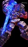  autobot black_background glowing glowing_eyes highres holding holding_sword holding_weapon mecha no_humans open_hand optimus_prime science_fiction solo sword transformers twitter_username uungunover violet_eyes weapon 