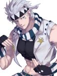  1boy abs asatomjj battle_tendency caesar_anthonio_zeppeli crop_top cropped_vest facial_mark feather_hair_ornament feathers figghting_stance fingerless_gloves gloves hair_ornament headband highres jojo_no_kimyou_na_bouken male_focus midriff scarf solo striped striped_scarf triangle_print vest white_vest 