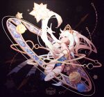  1girl armillary_sphere blonde_hair crown fran-laurant galaxy leotard looking_up original pale_skin planet reaching_out solo solo_focus space star_(symbol) thigh-highs white_hair yellow_eyes 