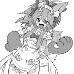  1girl :3 animal_ear_fluff animal_ears animal_hands apron bangs bell blush bow breasts cat_hair_ornament cat_paws claws collar commentary cowboy_shot eyebrows_visible_through_hair fangs fate/grand_order fate_(series) fox_ears fox_girl fox_tail greyscale hair_between_eyes hair_bow hair_ornament hand_on_hip jingle_bell kusama_takato long_hair looking_at_viewer maid_headdress monochrome naked_apron neck_bell open_mouth paw_print ponytail sidelocks simple_background sleeveless smile solo standing tail tamamo_(fate) tamamo_cat_(fate) thighs 