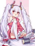 1girl absurdres animal_ears arms_between_legs azur_lane bangs bei_hua blush character_name collarbone english_commentary fake_animal_ears feet full_body hairband highres jacket knees_up laffey_(azur_lane) light_purple_hair long_hair looking_at_viewer open_mouth pink_jacket pleated_skirt rabbit_ears red_eyes red_skirt shoes shoes_removed sidelocks sitting skirt soles solo spaghetti_strap strap_slip thigh-highs toes twintails very_long_hair white_legwear 
