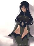  1girl absurdres alice_gear_aegis bangs black_hair blue_eyes boots covered_navel expressionless gloves green_footwear green_gloves green_leotard highres ishiyumi kagome_misaki leotard long_hair looking_to_the_side metal_boots mole mole_under_eye shadow sitting solo thigh-highs thigh_boots 