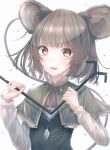  1girl absurdres animal_ears capelet dowsing_rod flat_chest grey_hair highres holding holding_stick jewelry looking_at_viewer mouse_ears mouse_tail nazrin open_mouth pendant red_eyes short_hair simple_background smile solo stick tail touhou tqg_07 upper_body white_background 