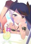  bare_shoulders bikini brown_hair collarbone copyright_request cup drinking_glass flat_chest fuyubone grin heterochromia highres horns leaning_on_table looking_at_viewer multicolored_hair purple_hair smile solo swimsuit twintails two-tone_hair upper_body violet_eyes 